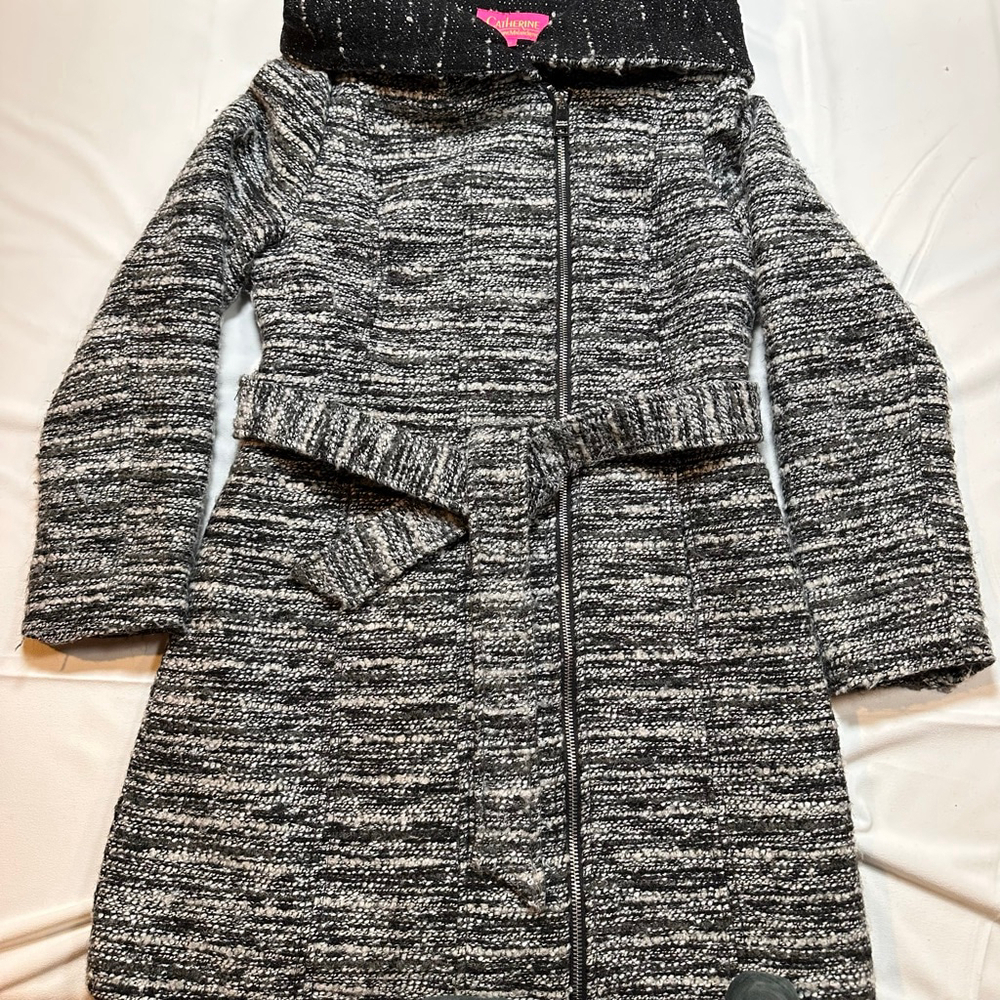 Catherine Malandrino Black White Boucle Hooded Belted Coat | Minimal Luxe Winter - Picture 12 of 13